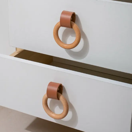 Natural Wood Circular Furniture Knob Kitchen Cabinet Door Handles Drawer Pulls Cowhide Handles for Furniture Hardware
