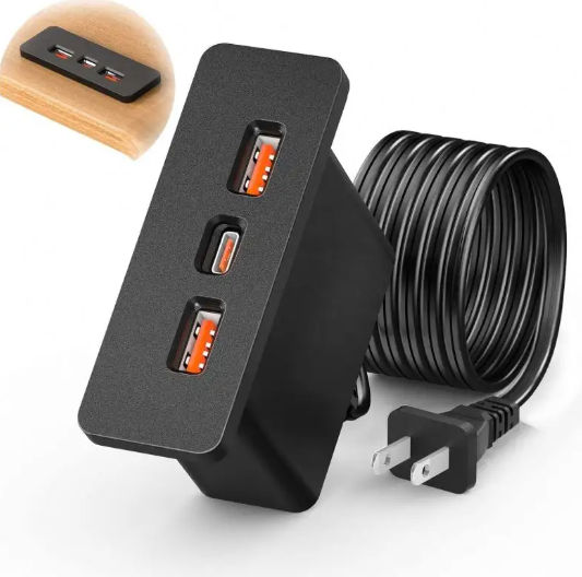 3 in 1 Recessed USB Hub Block Charging Station with PD 20W USB-C Power Strip Outlet Fast Charging Mounted in Bed Desk Sofa_image_0
