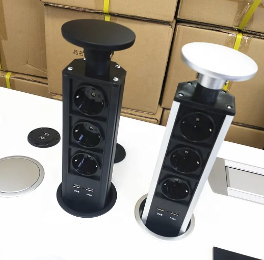 Black Silver Hidden in Tabletop Kitchen Worktop Manual Pull Pop up Tower Socket with 3AC EU Plug Power Outlet 2 Usb Charging_image_0